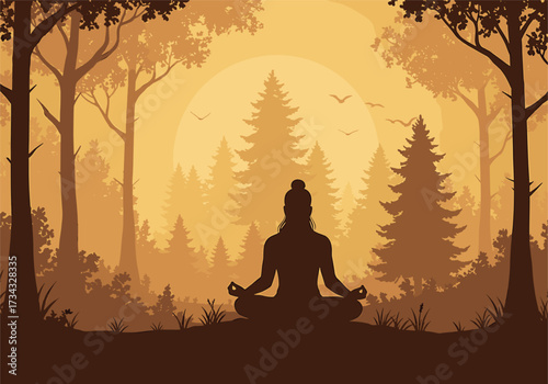 Silhouette of a person meditating in a forest at sunset, silhouette, person, meditating, yoga, zen, peace, calm, nature, forest, trees, sunset, sunrise, sun, sky, landscape, outdoors, spiritual, welln