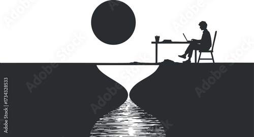 A minimalist silhouette of a person working at a desk with a river reflecting the sun..
