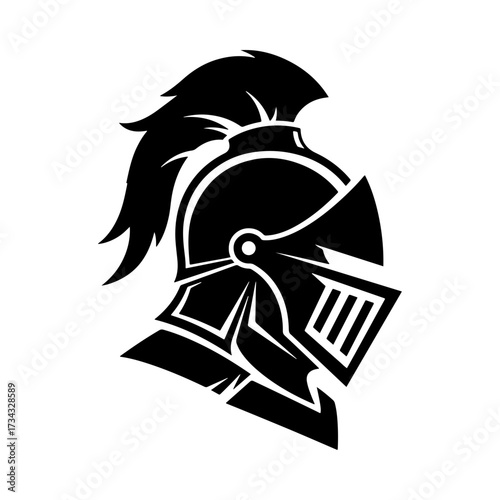A bold black and white graphic of a medieval knight's helmet. A strong symbol of chivalry, protection, honor, and history for logos or emblems.
