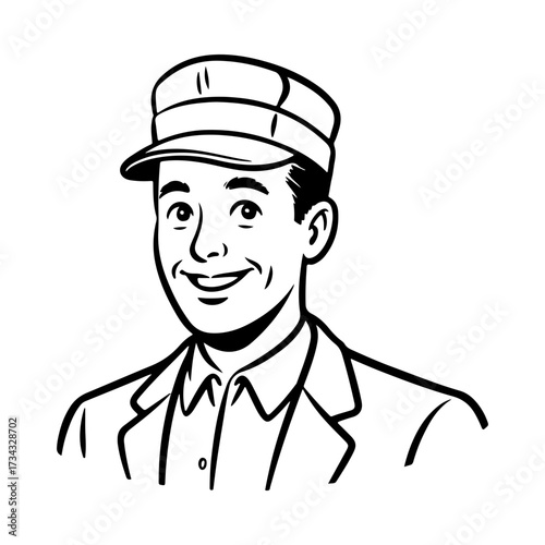 A charming black and white line art portrait of a smiling man in a retro style cap. A classic, friendly character reminiscent of mid century illustration.
