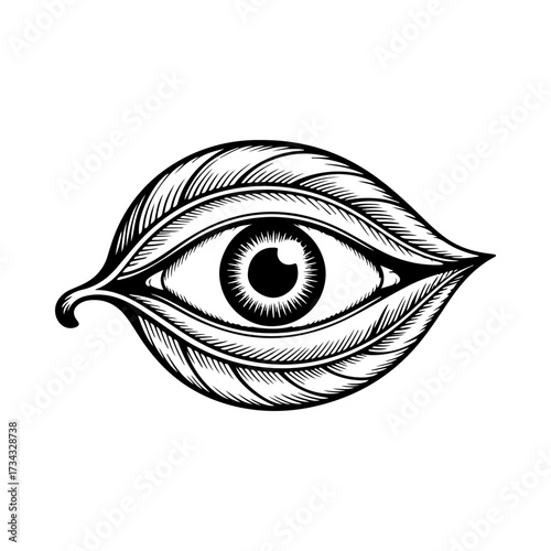 A detailed monochrome drawing of a human eye enclosed within a horizontal leaf shape. A mystical symbol of nature's vision, perception, and awareness.
