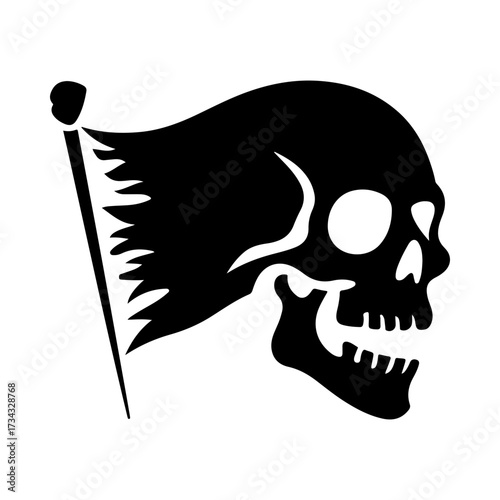 A striking monochrome design of a skull profile on a tattered flag. A powerful and edgy graphic for emblems, tattoos, or dark themed projects.