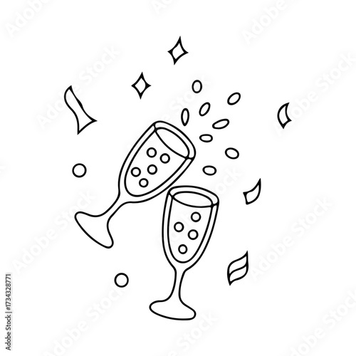 An elegant line art drawing of two champagne glasses clinking. Perfect for celebrating special occasions, parties, new beginnings, and festive moments. Monochrome sketch style.