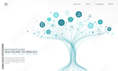 Linear vector illustration, abstract AI powered growth tree. Healthcare, medical concept. Digital technology, Neural network background. Heart, cross, pill, DNA and hospital icon. Vector infographic