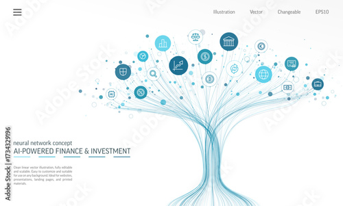 Linear vector illustration, abstract AI powered growth tree with finance, investment and banking icons. Digital technology, Neural network background. Crypto trading, fintech business concept. Vector