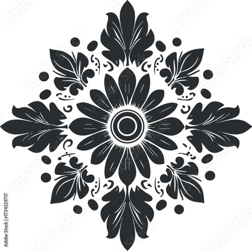 Intricate black floral ornament design featuring symmetrical elements and a central circle..