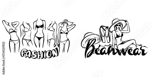 Minimalist line art fashion sketch of a bikini beachwear black silhouette style vector art design