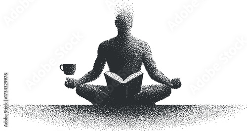A minimalist silhouette of a person meditating with a book and a coffee cup..