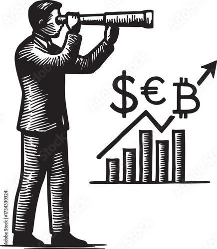 Businessman with telescope looking towards future financial growth stock market charts and currency symbols including bitcoin