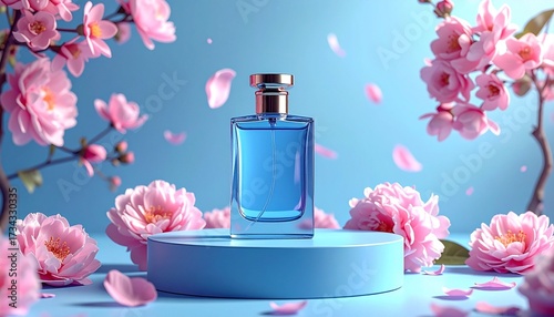 Wallpaper Mural Blue perfume bottle on a blue podium surrounded by pink flowers and petals. Torontodigital.ca