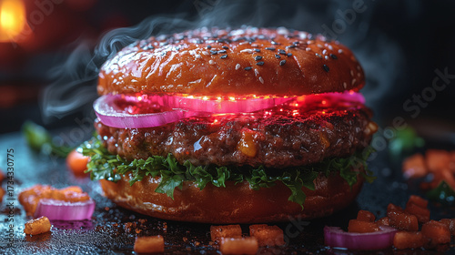 Gourmet burger with artistic light: A mouthwatering gourmet burger, a culinary masterpiece, sits on a rustic surface, adorned with vibrant ingredients and a captivating artistic light design.