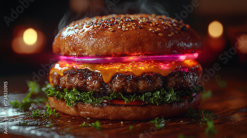 Savory Delight: A meticulously crafted hamburger, tantalizing with fresh ingredients and culinary perfection. Juicy beef patty and melted cheese.