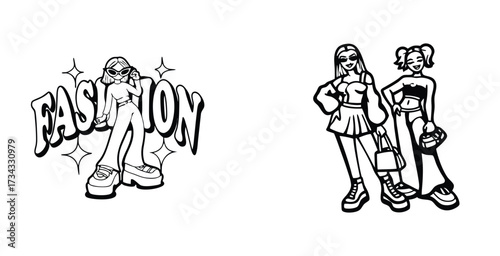 Minimalist line art fashion sketch of a Girls fashion black silhouette style vector art design