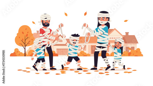Halloween Mummy Family Fun: A cheerful family, costumed as mummies, embraces the spirit of Halloween, enjoying the festive atmosphere of the season.