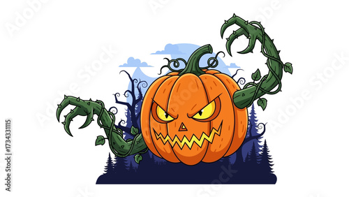 Pumpkin Monster of Halloween: An ominous cartoon illustration of a Halloween pumpkin monster with an intense, scary look and vine-like arms against a haunting backdrop.