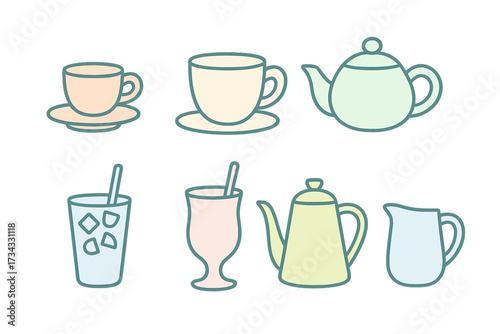Collection of pastel colored coffee cups, teacups, teapots, and beverage glasses with saucers and handles