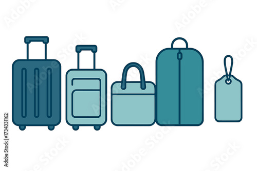 Essential travel luggage collection featuring assorted suitcases, duffel bag, garment bag, and blank tag for journey
