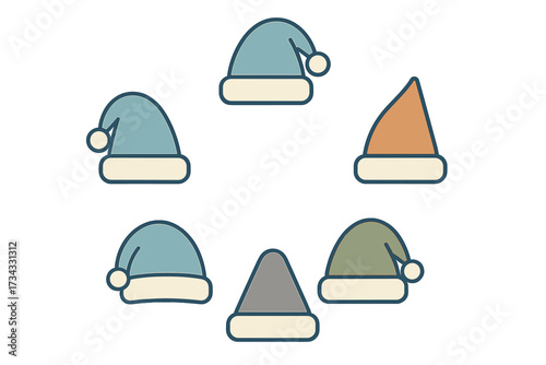 Collection of various colorful sleeping caps and festive winter hats with different shapes and pom-poms