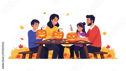 Family Carving Pumpkins: A heartwarming scene of family togetherness, crafting spooky Halloween jack-o'-lanterns. Their smiling faces illuminate the spirit of the season.