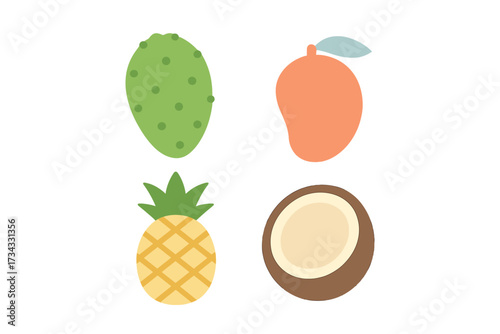 Vibrant collection of tropical and exotic fruits including pineapple mango coconut and green prickly pear