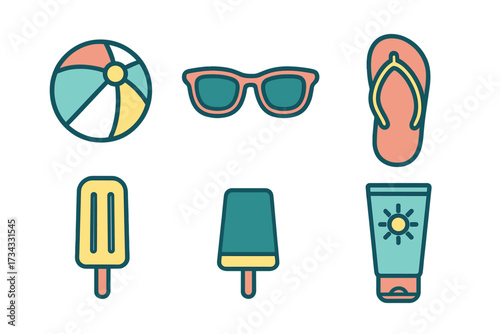 Collection of essential summer vacation items featuring beach ball sunglasses flip flops popsicles and sunscreen