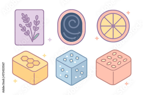 Colorful natural soap bars with lavender, citrus, honey, and exfoliating patterns for skincare and aromatherapy