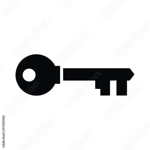 Minimalist silhouette of a key with a circular head and a simple rectangular shaft, symbolizing access or security in a clean design