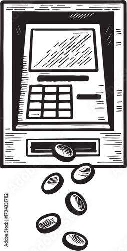 Hand drawn illustration of an automated teller machine dispensing coins with a keypad and screen visible