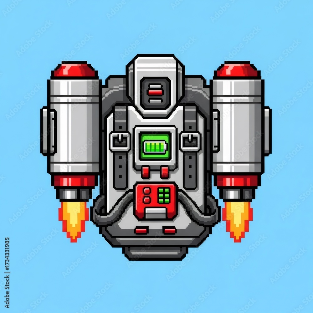 Fototapeta premium 白いピクセルアートロケットパック赤いアクセント水色背景