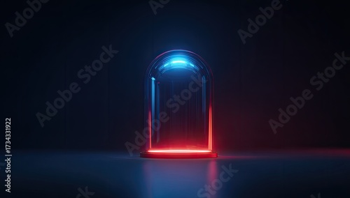 Futuristic glass dome glows with vibrant red and blue neon lights against a dark background