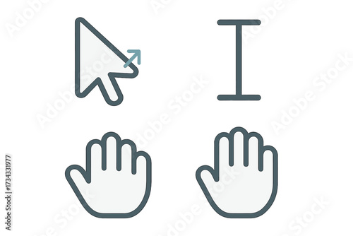 Collection of computer mouse cursors and user interface pointers including resize, text, and hand tools