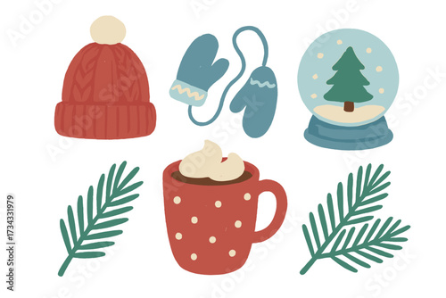 Cozy winter holiday collection with warm hat mittens snow globe hot chocolate pine branches and festive decorations