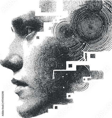 Abstract illustration of a human profile with swirling patterns and textures representing thought and emotion..
