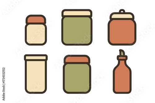 Set of diverse kitchen pantry storage jars and bottles with various shapes, colorful lids, and minimalist design for food items