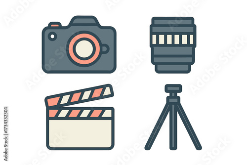 Collection of essential photography and filmmaking equipment including camera, lens, clapperboard, and tripod for creative media production