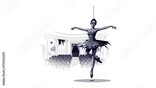 Elegant Ballerina Performance: Capturing the grace and artistry of a ballerina in mid-air, poised and graceful amidst a backdrop of an elegant theatre stage and captivated audience. 