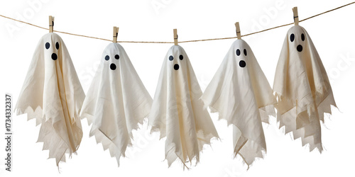 Spooky ghost costumes on clothesline for halloween decoration