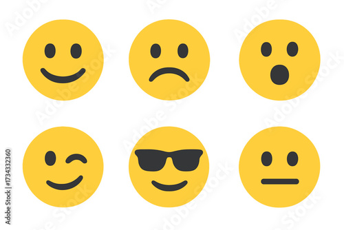Yellow emoji faces expressing human emotions and common reactions like happiness, sadness, surprise, and coolness
