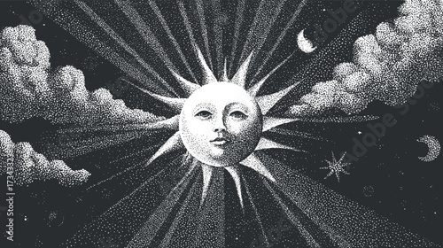 A vintage black and white illustration depicting the sun, moon, and stars in a celestial scene..