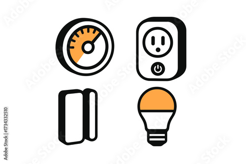 Smart home energy management devices and power consumption icons set including gauge, smart plug, battery, and light bulb