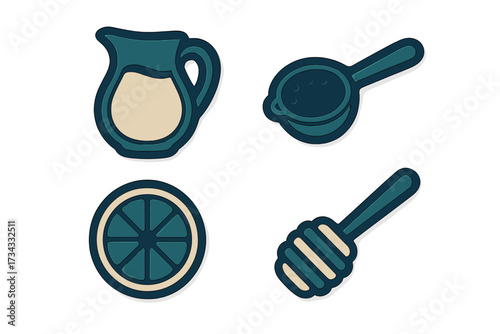 Contemporary kitchen items for food and drink concepts, featuring a pitcher, citrus fruit slice, lemon juicer, and honey dipper