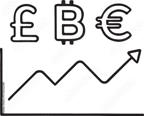 Stylized illustration of a growing financial chart with bitcoin pound sterling and euro currency symbols above