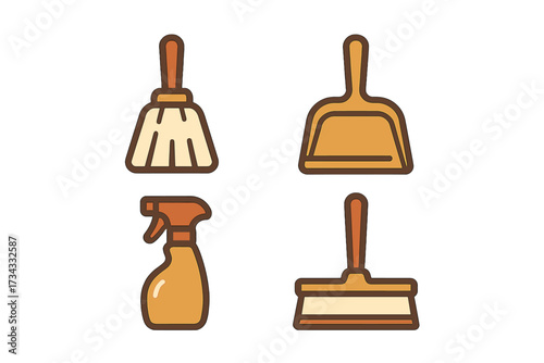 Household cleaning tools set with broom, dustpan, spray bottle, and squeegee for domestic chores