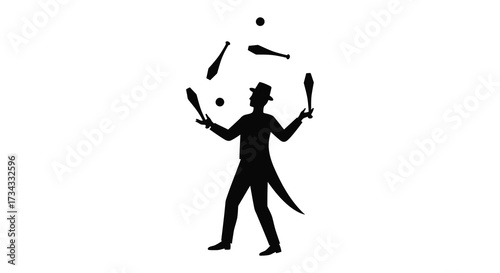 A juggler in action throwing clubs a striking black silhouette