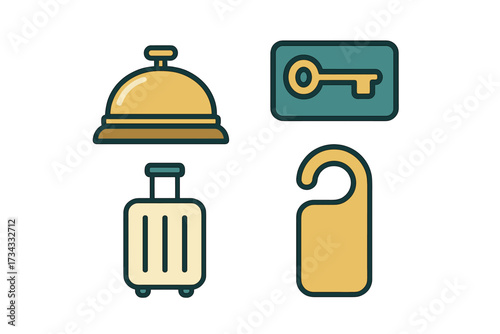 Collection of essential hotel and travel symbols featuring a reception bell, room key card, rolling suitcase, and door hanger