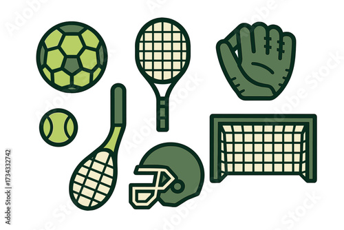 Collection of diverse sports equipment including soccer ball, tennis racket, baseball glove, football helmet, and goal