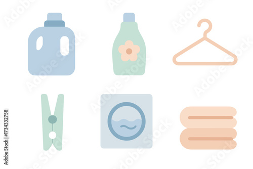 Laundry day essentials collection with detergent, softener, hanger, clothespin, washing machine, and towels