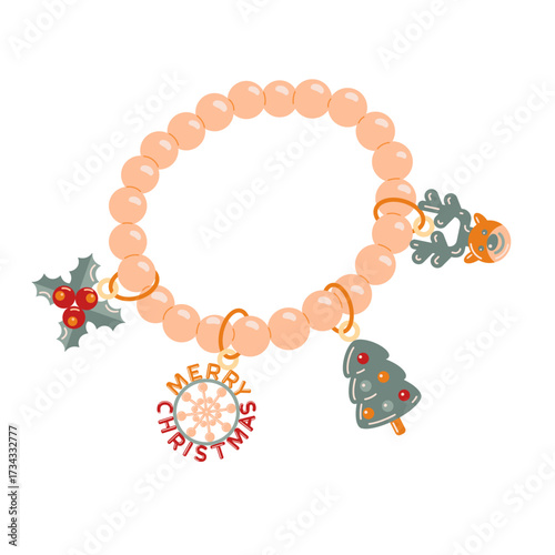 Merry Christmas decoration in the form of a bracelet. A bracelet with pendants in the form of holly, Christmas tree, deer,snowflake and the inscription Merry Christmas. Pink children's bracelet with g