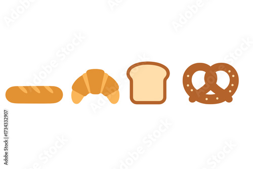 Assortment of freshly baked goods including baguette, croissant, toast, and pretzel, presented on a clean white background