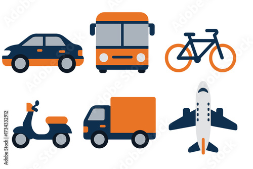 Set of various transportation vehicles including a passenger car, public bus, bicycle, motor scooter, delivery truck, and commercial airplane